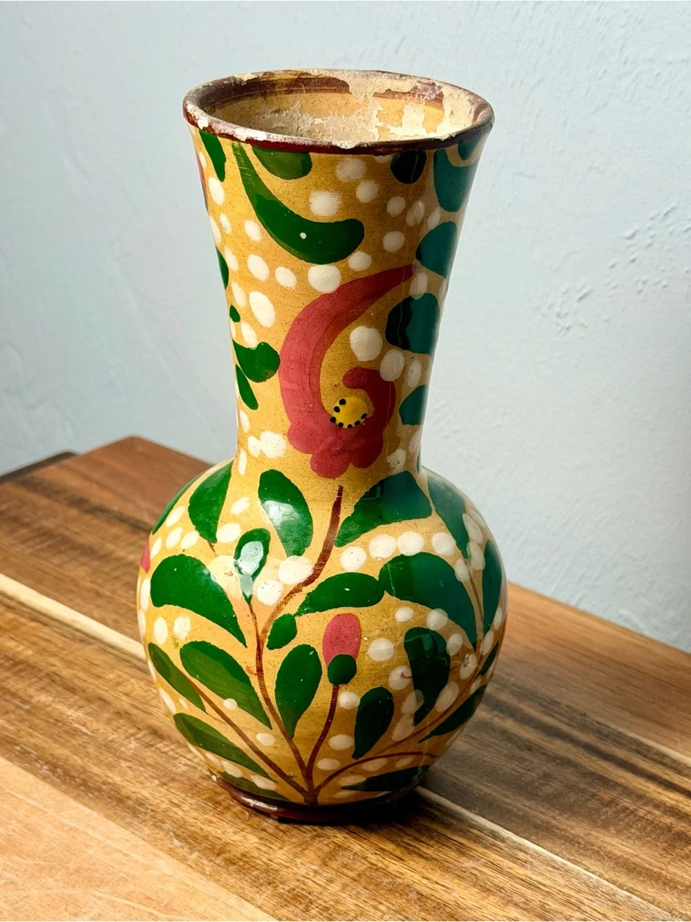 Vintage Italian Hand-Painted Yellow Floral Ceramic Vase with Pink Flowers